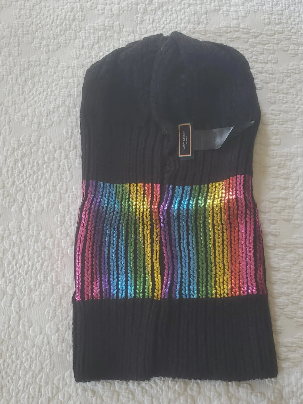 KURT GEIGER LONDON RAINBOW STRIPED KNIT BEANIE /ONE SIZE / IN BLACK MULTI